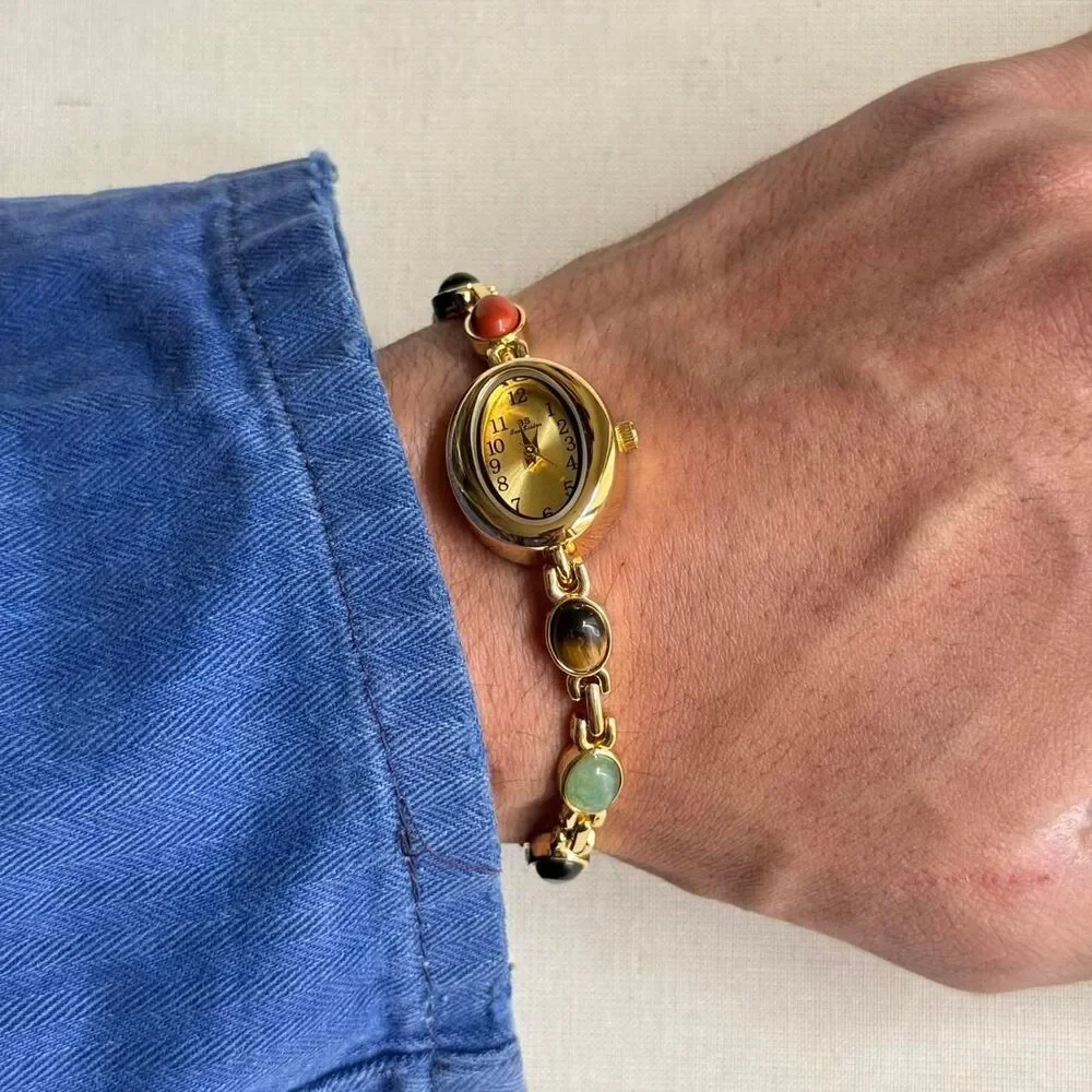 y2k cute gold round stainless steel quartz multi color stone charm watch